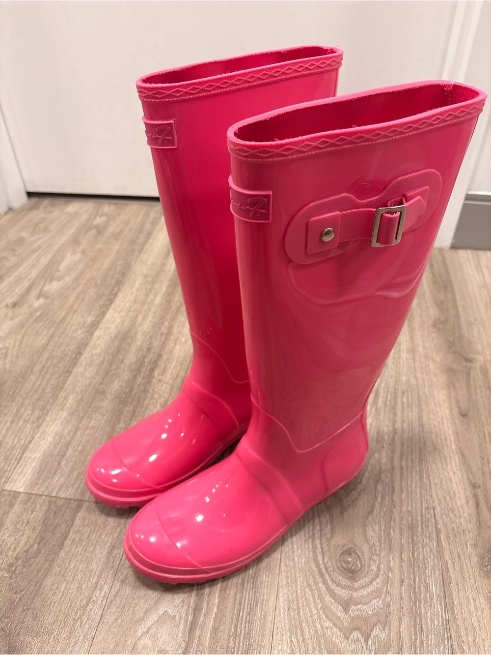 Seven7 Hot Pink Glossy Knee-High Rain Boots with Buckle